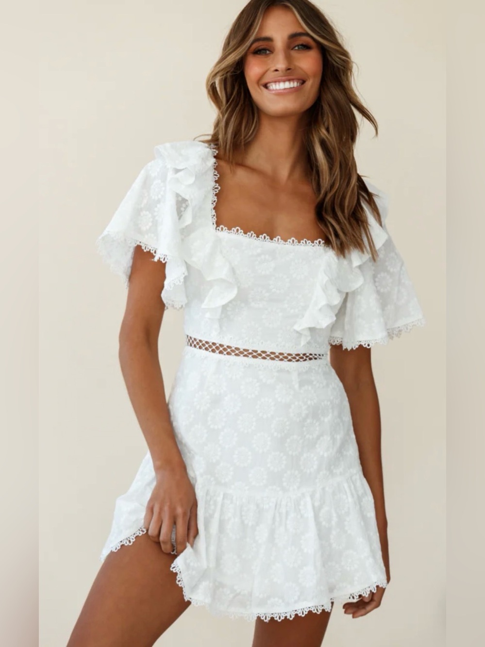 Selfie Leslie White Eyelet Ruffle Mini Dress